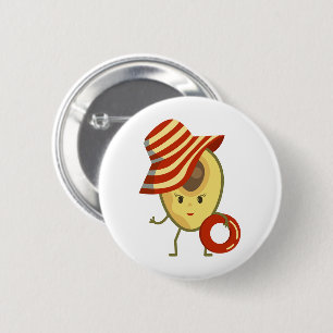 Avocado beach girl with sun hat and swim ring button