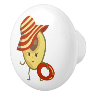 Avocado beach girl with sun hat and swim ring ceramic knob