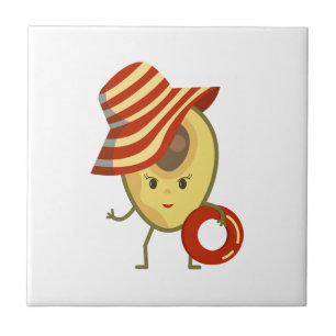 Avocado beach girl with sun hat and swim ring ceramic tile