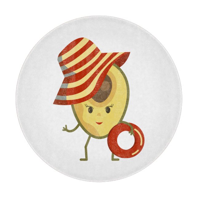 Avocado beach girl with sun hat and swim ring cutting board (Front)