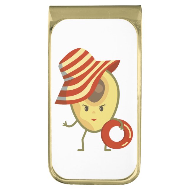 Avocado beach girl with sun hat and swim ring gold finish money clip (Front Vertical)