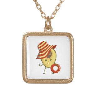 Avocado beach girl with sun hat and swim ring gold plated necklace