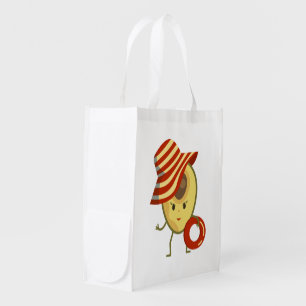Avocado beach girl with sun hat and swim ring grocery bag
