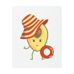 Avocado beach girl with sun hat and swim ring metal print