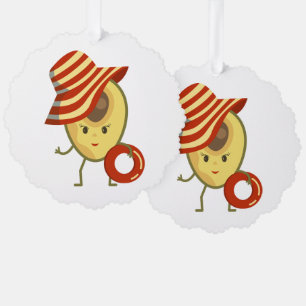 Avocado beach girl with sun hat and swim ring ornament card