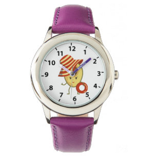Avocado beach girl with sun hat and swim ring watch