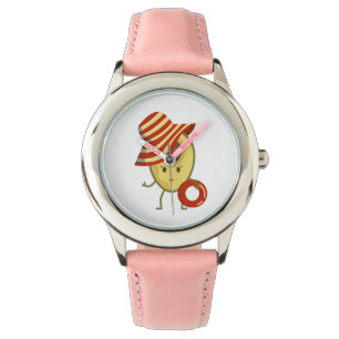 Avocado beach girl with sun hat and swim ring watch