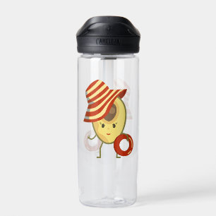 Avocado beach girl with sun hat and swim ring water bottle