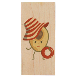 Avocado beach girl with sun hat and swim ring wood flash drive