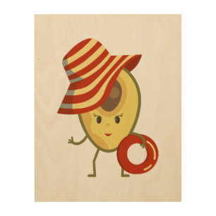 Avocado beach girl with sun hat and swim ring wood wall art