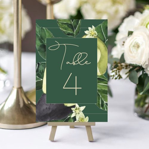 Avocado Blossoms  Dark Green Rustic Fruit Party Table Number