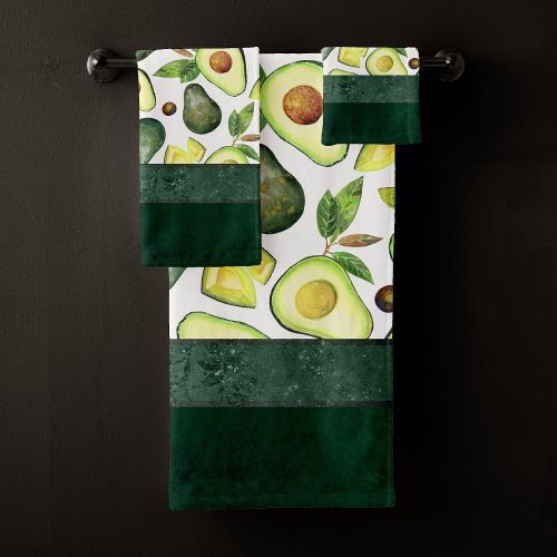 Avocado Blossoms  Dark Green Rustic Fruit Pattern Bath Towel Set