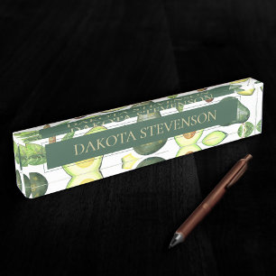 Avocado Blossoms Dark Green Rustic Fruit Pattern Desk Name Plate