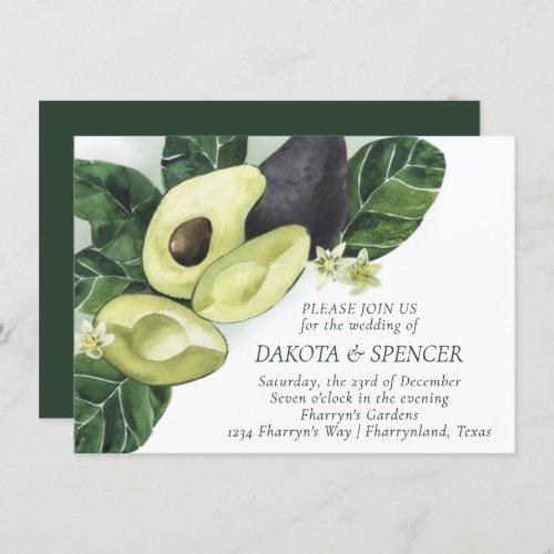 Avocado Blossoms  Dark Green Rustic Fruit Wedding Invitation