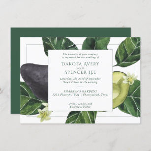 Avocado Blossoms   Dark Green Rustic Fruit Wedding Invitation