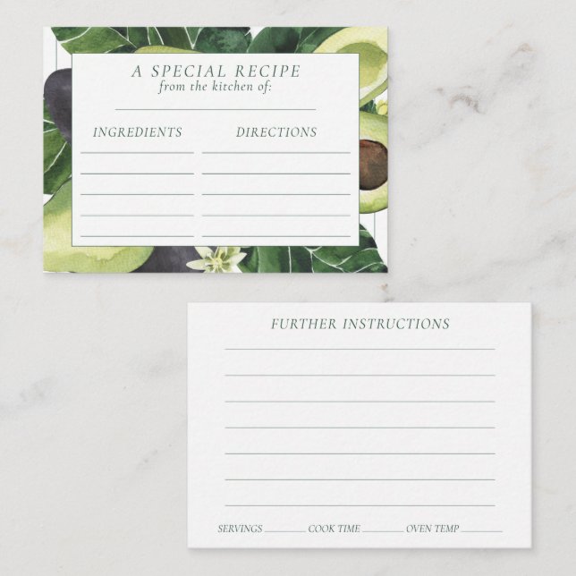 Avocado Blossoms | Dark Green Rustic Recipe Card (Front/Back)