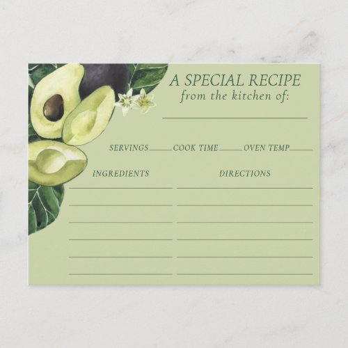 Avocado Blossoms  Dark Green Rustic Recipe Card