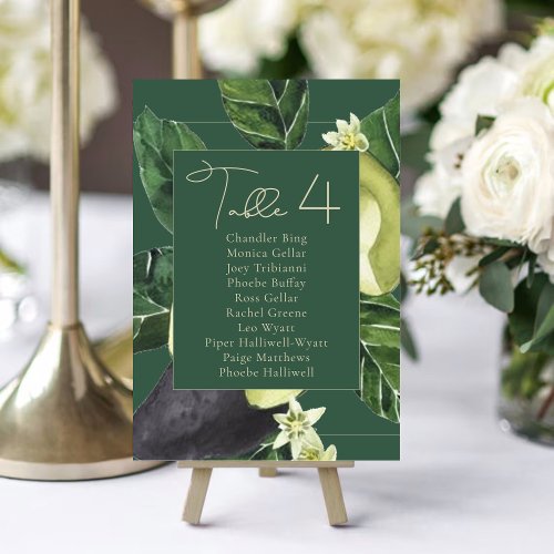 Avocado Blossoms  Dark Green Rustic Seating Names Table Number