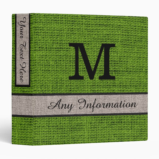 Avocado Burlap Linen Monogram 3 Ring Binder (Front/Spine)