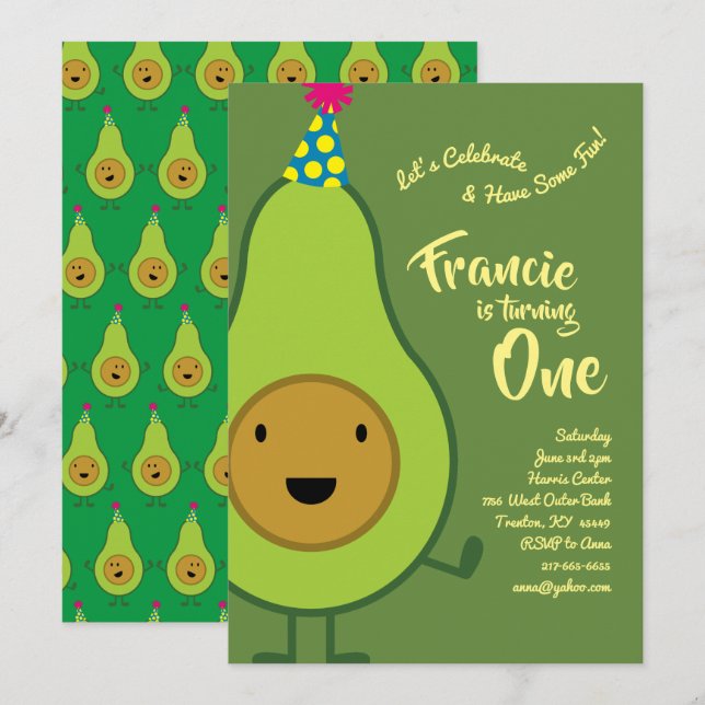 Avocado Colorful 1st Birthday Cute Invitations (Front/Back)