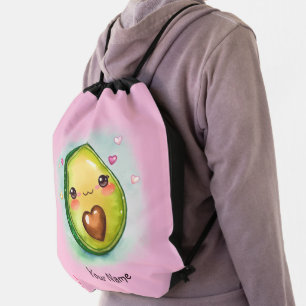 Avocado Cutie + Your Name Design - Backpack, Pink Drawstring Bag