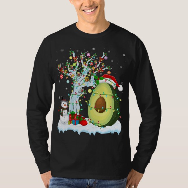 Avocado Fruit Xmas Tree Lighting Santa Hat Avocado T-Shirt (Front)