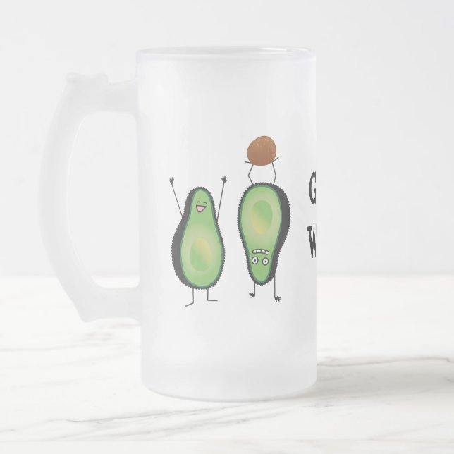 Avocado funny cheering handstand green pit frosted glass beer mug (Left)