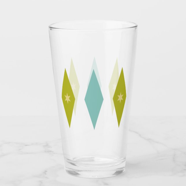 Avocado Green Aqua Stars & Diamonds Mid Century Glass (Front)