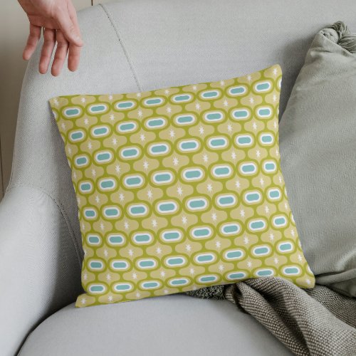 Avocado Green Aqua White Wavy Lines Mid Century Throw Pillow