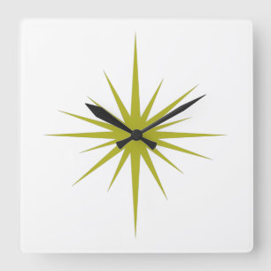 Avocado Green Atomic Starburst Mid Century Modern Square Wall Clock