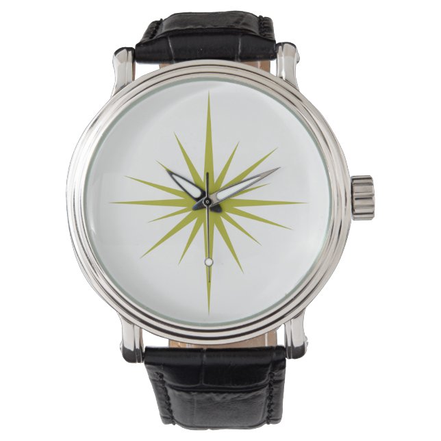 Avocado Green Atomic Starburst Mid Century Modern Watch (Front)