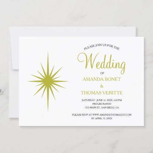 Avocado Green Atomic Starburst Mid Century Wedding Invitation