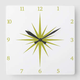 Avocado Green Atomic Starburst Numbers Mid Century Square Wall Clock