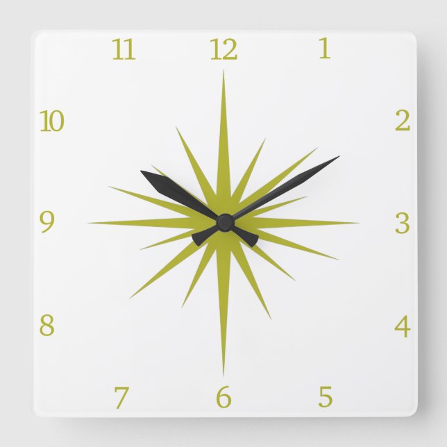 Avocado Green Atomic Starburst Numbers Mid Century Square Wall Clock (Front)