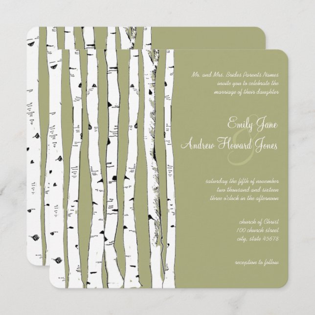 Avocado Green Birch Tree Wedding Invitations (Front/Back)