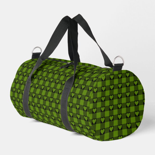 Avocado Green Black Buffalo Heart Plaid Duffle Bag (Left Corner)