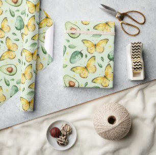 Avocado Green Butterflies Birthday Wrapping Paper