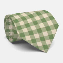 Avocado Green Cream Cottagecore Gingham Check  Neck Tie
