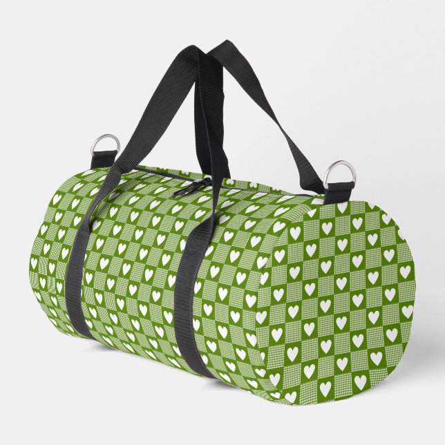 Avocado Green Gingham Heart Patch Plaid Duffle Bag (Left Corner)