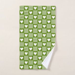 Avocado Green Gingham Heart Patch Plaid Towel