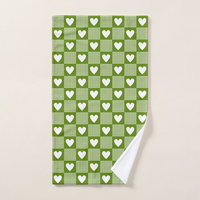 Avocado Green Gingham Heart Patch Plaid Towel (Hand Towel)