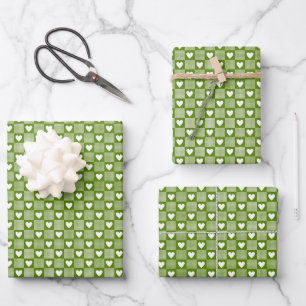 Avocado Green Gingham Heart Patch Plaid Wrapping Paper Sheets