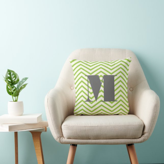Avocado Green Ivory and Gray Monogram Zig Zag Throw Pillow (Chair)