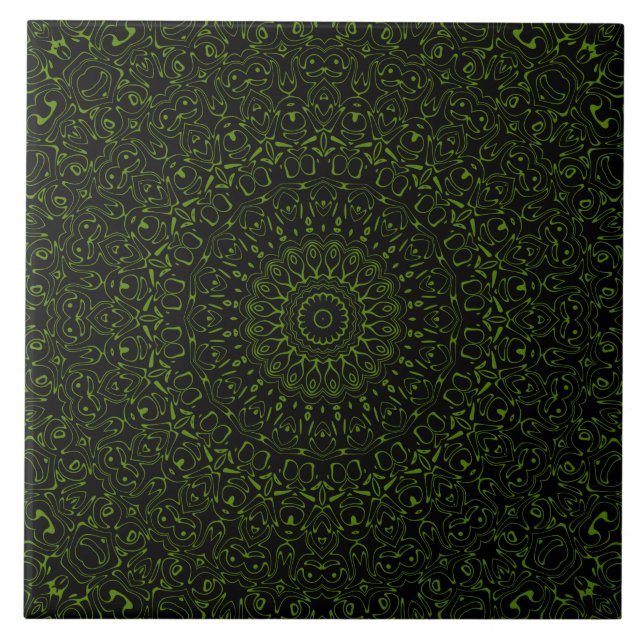 Avocado Green Mandala with Geometric Symmetry Ceramic Tile (Front)