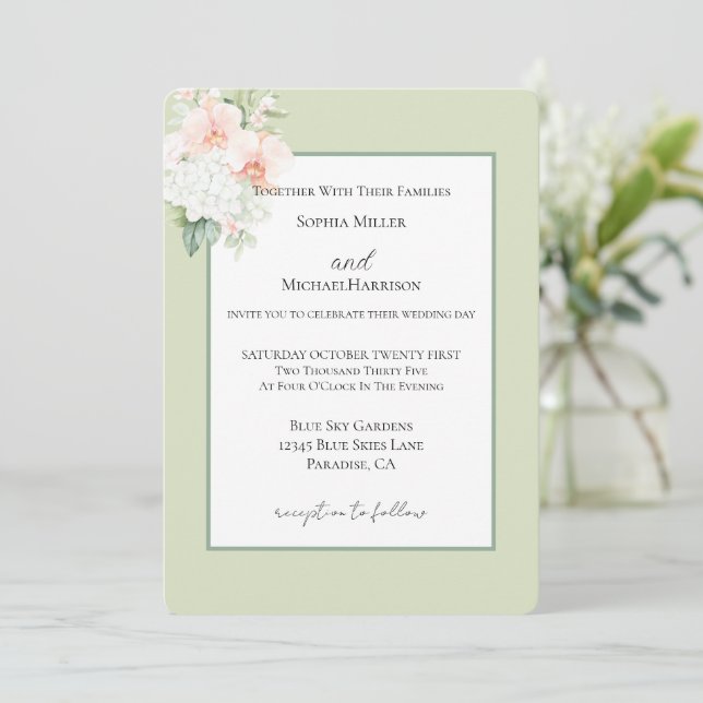 Avocado Green Peach Blush Orchid Flowers Wedding Invitation (Standing Front)