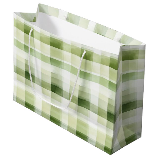 Avocado Green Plaid Stripes Birthday Large Gift Bag (Front Angled)