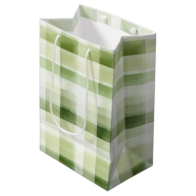 Avocado Green Plaid Stripes Birthday Medium Gift Bag (Front Angled)