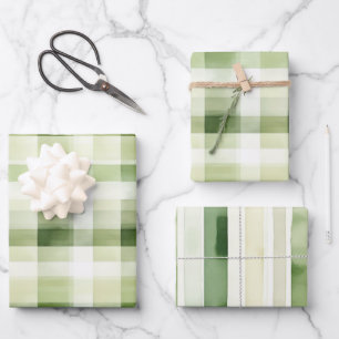 Avocado Green Plaid Stripes Birthday Wrapping Paper Sheets