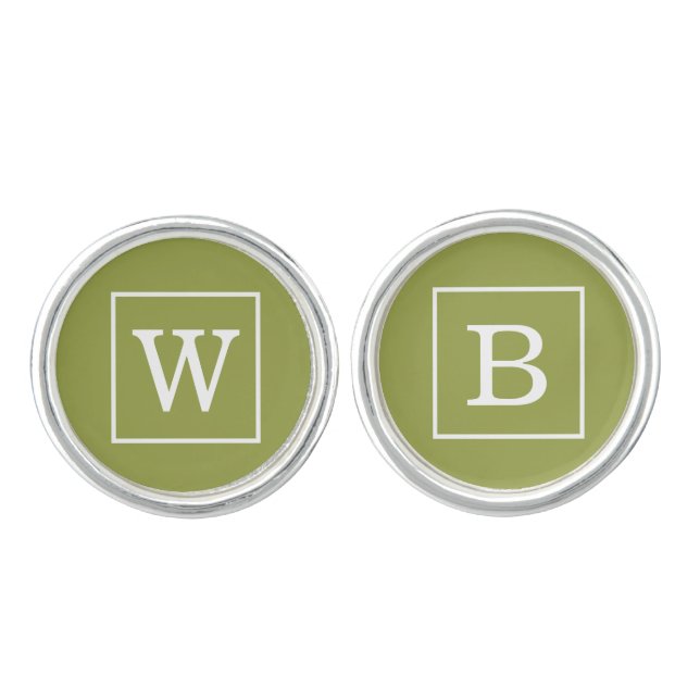 Avocado Green White Framed Initial Monogram Cufflinks (Front)