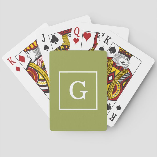 Avocado Green White Framed Initial Monogram Poker Cards (Back)
